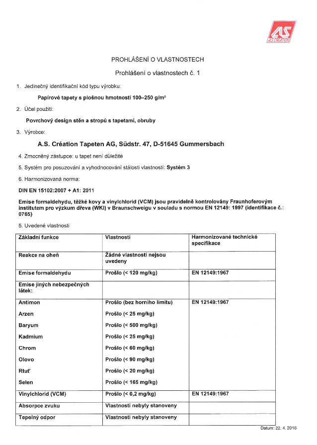 Certifikácia CE - tapety AS. Création - vyhlásenie o vlastnostiach